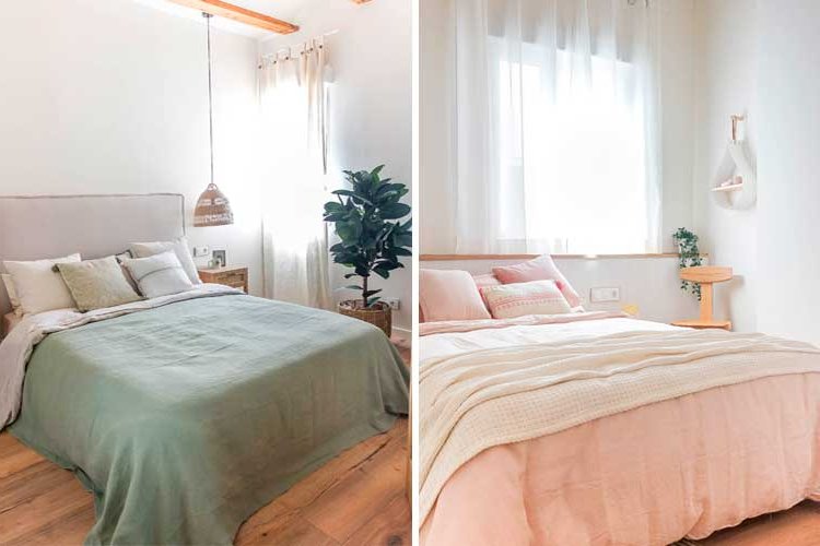 nude, pale pink and cactus green tones for the bedroom